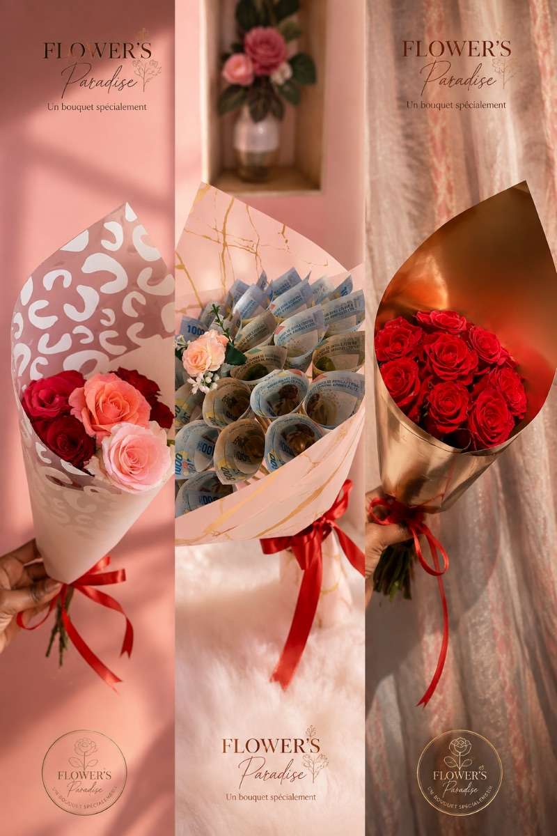 Bouquet de roses naturelles et d’argent