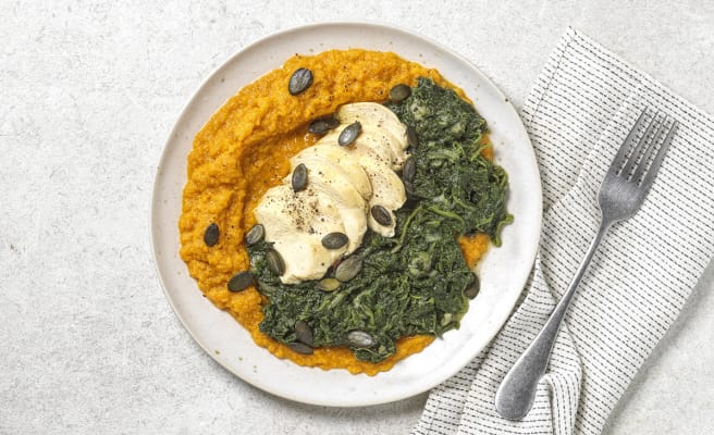 Filet de poulet, tombée d'épinards & purée de carotte