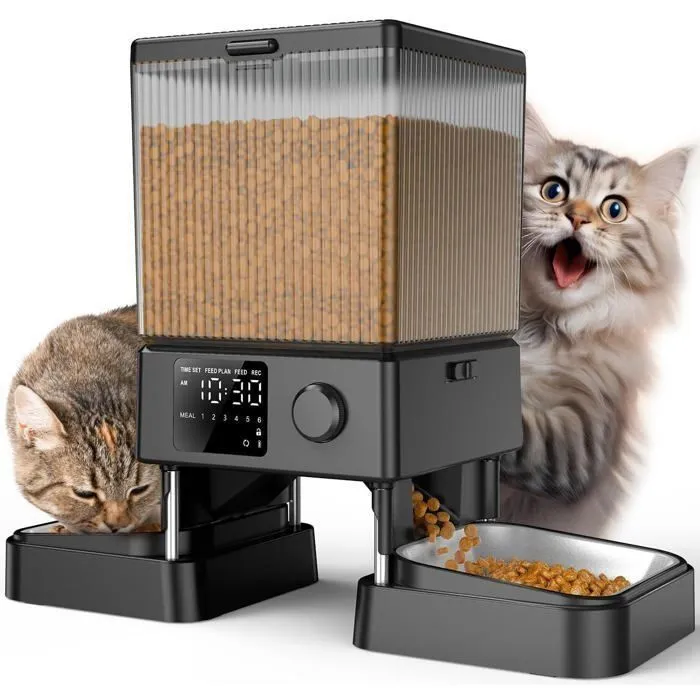Oneisall 5L Distributeur Croquettes Chat Automatique Double Distributeur de Nourriture 2 Bols pour Chat/Chien Enregistreur Voca